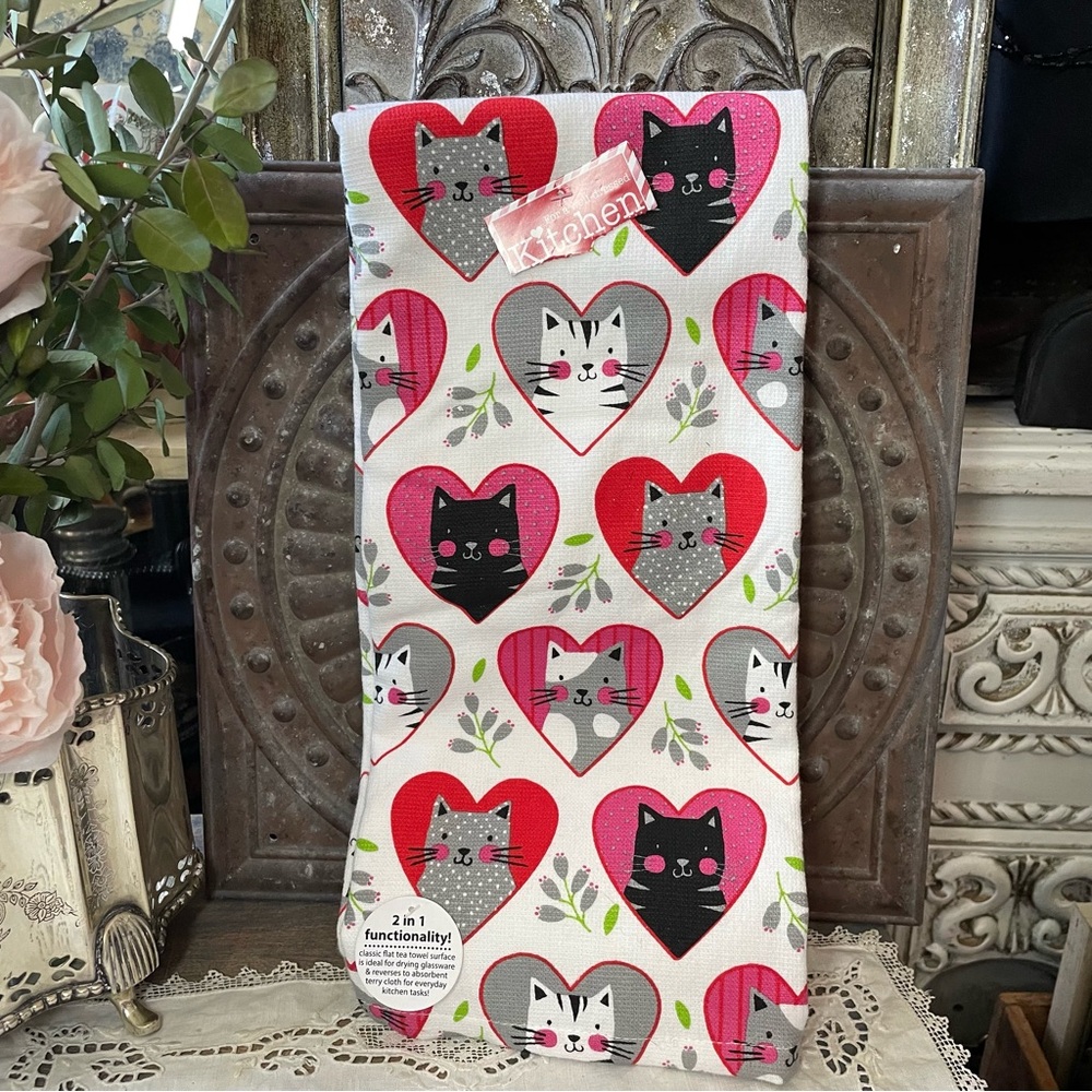 Kay Dee Designs kitty cats hearts kitchen towel set of 2 love valentines nwt